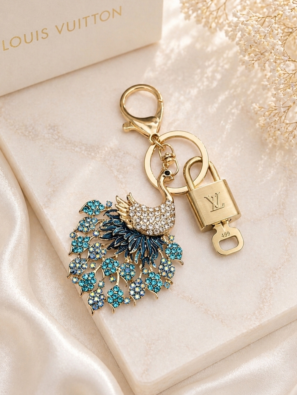 Authentic Louis Vuitton Gold Lock 🔒 Keychain Bag Unbranded Peacock Charm LV